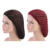 minkissy 2Pcs Schlafende Haarnetze Häkeln Haarnetz Langes Haar Snood Abdeckung Turban für Frauen Mädchen Schwarzer Rotw
