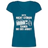 Nerd Geschenke - Bitte Nicht stören Gamer bei der Arbeit - weiß - M - Türkis - Zocken - XO1525 - Damen T-Shirt mit V