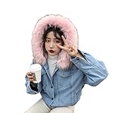 Mit Teddyfutter Kapuze Fleece Warm Jeansjacke Damen Fellkapuze Kurz Jacke Herbst Winter Plüsch Übergangsjacke Hoodie College Denim Jacke Kurz Winterjacke Oversize Baggy Destroyed Denim Plüschjack