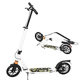 Tretroller klappbar für Erwachsene Teens Kinder ab 12 Jahre，200mm Big Wheels Cityroller Kickscooter höhenverstellbar, Vorderradbremse und Hinterradbremse Trick Roller mit Tragegurt (Weiß)