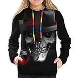 Damen Hoodies Pullover mit Kapuze – schwarzer Totenkopf mit Hut, Schwarz , 48