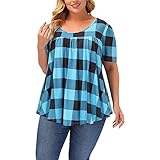 QWERD Damen T-Shirt Tops Sommer Kurzarm Rundhals Basic Plaid Oberteile Casual Baumwoll Blouse Shirt Damen Kariert T-Shirt Sommer Tops Rundhals Kurzarm Plissee Casual Oversize Bluse Große Größen XL-5XL