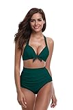 SHEKINI Damen Bikini Set Bademode Rückenfrei Elegant Verstellbarer Bikinioberteil Retro Zweiteiliger Badeanzug Ruched Bauchweg High Waist Bikinihose Tankini Badeanzug (M, Dunkelgrün)