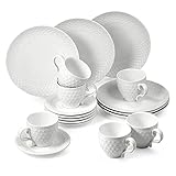 suntun Kaffeeservice 6 Personen, 18 teilig Porzellan Weiß Modern Kaffeegeschirr Set mit je 6 Kuchenteller, 6 Kaffeetassen 195ml, 6 Untertasse, Geschirrset Schneeflocken Relief Desig