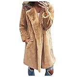 GOKOMO Damen Winter Fleecejacke Lang Elegant Plüsch Einfarbig Mantel mit Revers Mantel aus Kunstpelz Für Damen Winter Damenmantel Langarm Warme Wattierte Jacke(Khaki,M)