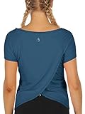 icyzone Damen Sport T-Shirt Kurzarm Yoga Top Schnell Trocken Elastisch Fitness Gym Oberteile (XL, True Blue)