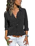 Damen-Langarmshirt, Oversized, V-Ausschnitt, Hemden, Bluse, leger, mit Knopfleiste, Tops, Taschen, Schwarz , XXX-Larg