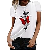 Tshirt Damen Lässige Oberteile mit Schmetterlingen Bedruckte Sommer Tops Rundhals Kurzärmliges Shirts Modal Weiß T Shirt Einfarbiges Basic Shirt Lockere All Match Tunika Kurzarm Bluse Sportbekleidung