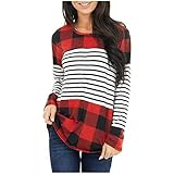 Lässiges, Kariertes, gestreiftes Patchwork-O-Neck-Shirt für Damen, Langarm-Pullover 4232 Allover Sternen Spitzenrand Baumwoll-modal, Festliche Train Classic v-nk Baby
