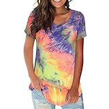 PEOD Damen Tie Dye Kurzarm T-Shirt Blusen Oberteil Große Größe V-Ausschnitt Lose Batik Tunika Tops Hemdshirts Frauen Casual Mode Farbblock Baumwolle Leinen Tuniken Blusenhemd Sommertop