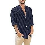 KANGYONG Herren Langarmshirts Gestreifte Baumwolle Leinen Langen Ärmeln Lässige Revershemden Oberteil Klassische Freizeithemden Resort Knöpfen Bluse Top