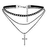 JewelryWe Schmuck Damen Choker Halskette, schwarz Nieten gotische Seil Goldrohr Velvet Spitze Choker Tattoo Punk Gothic Halsband mit Kreuz Anhäng