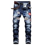 ShZyywrl Gerades Bein Normales Bein Normale Passform Arbeits-Denim-Hose Skinny Slim Fit Herren Leichte Trendige Gemalte Jeans-Abzeichen Gepatchte Schlankheits-Denim-Hose Blue Jeans Herren F