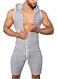 Panegy Herren Jumpsuit Strampler Trainingsanzug mit Kapuze Reißverschluss Kordelzug Taille Workout Onesie Pullover, grau, X-Larg