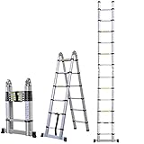 5 M Teleskopleiter, Rutschfester Klappleiter Stehleiter Mehrzweckleiter aus hochwertiges Aluminium bis 150 Kg Belastbar (5 M 2.5+2.5)
