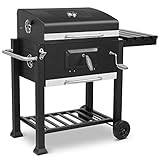 Grillwagen, Holzkohlegrill XXL, 113x53,5x100 cm, Grill inkl.3 Grillrost, Öffner, Thermometer, Aschenbecher, Ablagen mit Haken, verstellbare Kohleblech & Lüftungen, 2 Räder,Große G