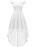 Homrain Damen Elegant Spitzenkleid Schulterfrei Rockabilly Kleid Schwingen Cocktail Abendkleider Brautjungfernkleider für Hochzeit White 3XL