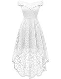 Homrain Damen Elegant Spitzenkleid Schulterfrei Rockabilly Kleid Schwingen Cocktail Abendkleider Brautjungfernkleider für Hochzeit White M