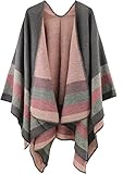 Shmily Girl Damen Poncho Habe Gestrickt Kaschmir Überdimensionalen Decke Kap-Schal (One Size, Streifen/grau)