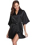 Vlazom Kimono Robe Damen Morgenmantel Kurzer Satin Bademantel Mit Gürtel V-Ausschnitt Kimono(M,Schwarz)