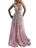 Minetom Cocktailkleider Damen Hochzeitskleid Frauen Festliches Kleid Glänzend Pailletten Elegant Lang Abend Party Ballkleid Brautjungfer V-Ausschnitt Split Maxikleid B Rosa XS