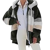 Zilosconcy Sweatjacke Damen Lang Winterjacke Superwarme Reversnaht-Farbstreifen-Felljacke Mit Reißverschluss Kapuzenjacke Weicher Warmer Sweatshirt Mit Kapuze Kapuzenpullover Geeignet Für F