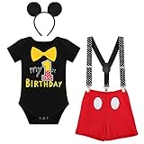 Baby Jungen Mickey Mouse Kostüm 1ter Geburtstag Cake Smash Outfit Kurzarm Bowtie Strampler+Hosenträger+Shorts+ Ohrstirnband 4tlg Bekleidungsset Fotoshooting Schwarz 1st Birthday Boxer 9-12 M