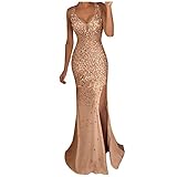 YUYIDIANP Damen Abendkleid V-Ausschnitt Kalte Schulter Modisches Kleid Bodenlang Slim Fit Pailletten Hoher Schlitz Maxikleider Partyk