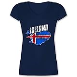 Fussball WM 2022 Fanartikel - Iceland Umriss Vintage - XXL - Dunkelblau - T-Shirt - XO1525 - Damen T-Shirt mit V