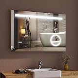 Bad Spiegel mit LED Beleuchtung 80 x 60 cm Badspiegel Badezimmerspiegel mit Sensor-Schalter, Schminkspiegel und Digital Uhr IP44 [Energieklasse A+] - kaltweiß