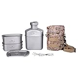 iBasingo Titan Feldflasche Wasserflasche Militär Kantine Tassen Set Wasserkocher Kochset Camping Kochgeschir Essgeschirr 1100 ml Nierenwasserflasche mit großer Kapazität mit Tarnbeutel Ti2049C