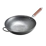 Wok-Pfanne, Wok, handgefertigter Wok, aus Carbonstahl, Habe Ohren, mit Holz- und Stahlgriff, Runder Boden Nur für Gasherde,32