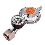 Propan Butan Gasregler 37 mbar, 1,5 kg/h mit Notventile und Messgerät, 9-10 mm Schlauch, Grill, Camping, Caravan, Klemp