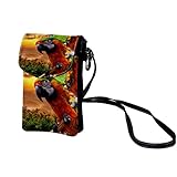 Kleine Umhängetasche aus echtem Leder, Motiv: Papageien, kleine Umhängetasche für Damen und Mädchen, Multi#06, 19x12x2cm/7.5x4.7x0.8in, M