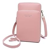 Kleine Handy Umhängetasche - PU Leder Geldbörse Damen Brieftasche Crossbody Schultertasche reisepass Handytasche mit Kartenfächer Verstellbar Abnehmbar Schultergurt für Handy unter 7 Zoll (Rosa-1)