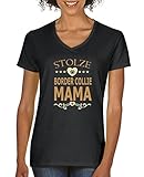 Comedy Shirts - Stolze Border Collie Mama - Damen V-Neck T-Shirt - Schwarz/Hellbraun-Beige Gr. L