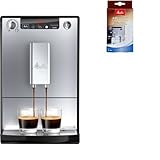 Melitta Starter Pack: Melitta E 950-103 Kaffeevollautomat Caffeo Solo mit Vorbrühfunktion, silber/schwarz + Entkalker + Milchreiniger + Mein Café Ganze Kaffeebohnen Dark R