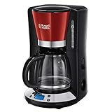 Russell Hobbs Digitale Kaffeemaschine Colours+ rot, programmierbarer Timer, 1,25l Glaskanne, bis 10 Tassen, Warmhalteplatte, Abschaltautomatik, 1100W, Filterkaffeemaschine 24031-56