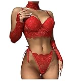 Rosennie Damen Dessous Set Sexy Bralette Unterwäsche 4-TLG Spitze Reizwäsche Lingerie Stickerei Gaze Push up BH + Slip +Hand Ärmel+Halsring für Frauen Erotisch Lingerie Sex S