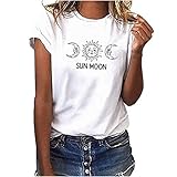 Kurzarm Shirt Damen Rundhals Oberteile Sonne und Mond Grafik Drucken T-Shirt Mode Blusen Schmetterling Druck Shirt Mädchen Top Damen Shirt Weiß-13 S