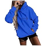 iHENGH Damen Liebesmuster Kapuzenpullover Lange Ärmel Übergröße Simple Hoodie Frauen Pullover mit Kapuze Fleece Innenseite Mädchen Sport Outerwear Streetwear(Blau,S)