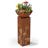 Hoberg LED Pflanzsäule Pusteblumen-Design in Rost-Optik | Abnehmbare Pflanzschale (Ø 34cm) In- und Outdoor geeignet | Integrierte Beleuchtung, 6h Timer, kabellos [19 x 19 x 72 cm]