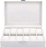 Lloow 12 Gitter Holzanzeige Uhrenbox Schmuck, hochwertiges weißes Rechteck Lederform Aufbewahrungsbox für Uhr Windside U