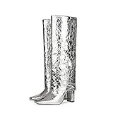 Damen Kniehohe Stiefel, 11cm Glänzende Mikrofaser Burst Crack Elegante Stiefel mit eckiger Zehenpartie, Catwalk Nightclub Everyday Work Party Slim Knight Boots Pole Dance Stiefel,Silber,44 EU