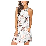 TYTUOO Fashion Damen Kleid Sexy Rundhals Ärmellos Casual Weste Sundress Große Swing Minikleid mit Taschen, C-weiß, S