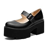 ZUQIN Damen Chunky Mid Heel Plateau Gothic Mary Janes Schuhe Runde Zehen Knöchelriemen Lolita Cosplay Schuhe Schnalle Riemen Vintage Kleid Pumps, Schwarz (schwarz), 40 EU