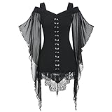 BIBOKAOKE Damen Bluse Mittelalter Spitzen Schulterfrei Oberteile für Party Oberteil Gothic Renaissance Steampunk Spitze Patchwork Flare-Ärmel V-Ausschnitt Tops Halloween Karneval Kostü