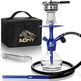 ADMY Mini Shisha Set, Klein Hookah Komplett Alu, Shisha To Go Paket | Wasserpfeife Steinkopf mit Edelstahl Kaminaufsatz | Glas Bowl | Silikonschlauch mit Mundstück | Zange | Travel Bag | B