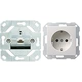 Gira 245100 Netzwerkdose 1-Fach Cat.6A IEEE 802.3an Einsatz & 018827 Schuko Steckdose System 55, reinweiß