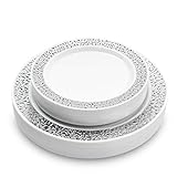 MATANA 40 Weiße Plastikteller mit Silbernem Rand für Hochzeiten & Partys - Mehrweg & Stabil - 2 Größen (20 x 24cm, 20 x 18cm)
